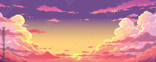 Sunset sky. Cartoon summer sunrise with pink clouds and sunshine, evening cloudy heaven panorama. Morning landscape vector illustration. Beautiful cloudscape with fluffy cumulus, colorful twilight