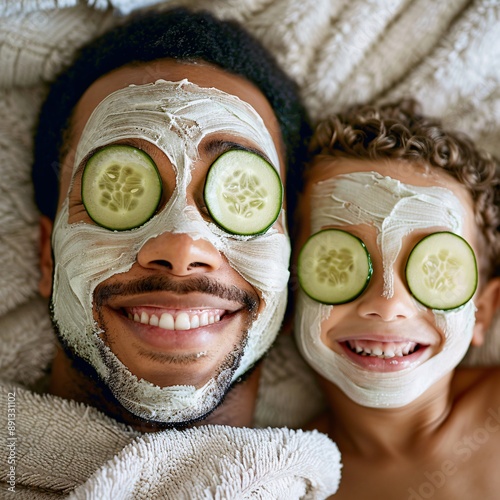 Father and daughter having a spa day at home, face masks and cucumber slices on eyes