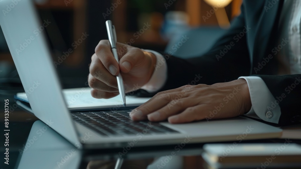 Businessman Working on Laptop with Pen Businessman Working on Laptop with Pen