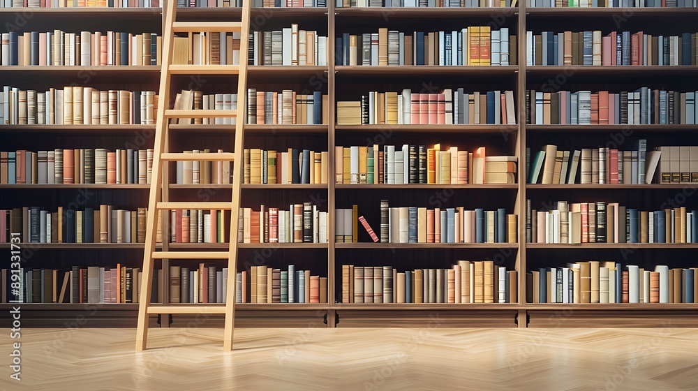 An understated library setting featuring meticulously arranged shelves filled with books in soft tones, with a wooden ladder leaning against a minimalist backdrop. An understated library setting featuring meticulously arranged shelves filled with books in soft tones, with a wooden ladder leaning against a minimalist backdrop.