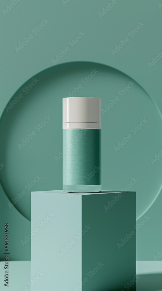 A bottle of green liquid is sitting on a green square A bottle of green liquid is sitting on a green square