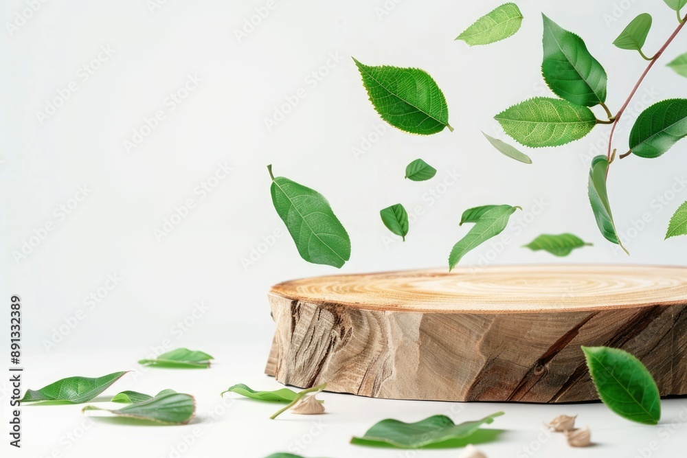 Wood slice podium and green flying leaves on white background. Concept scene stage showcase for new product, promotion sale, banner, presentation, cosmetic. Wooden stand studio empty - generative ai Wood slice podium and green flying leaves on white background. Concept scene stage showcase for new product, promotion sale, banner, presentation, cosmetic. Wooden stand studio empty - generative ai