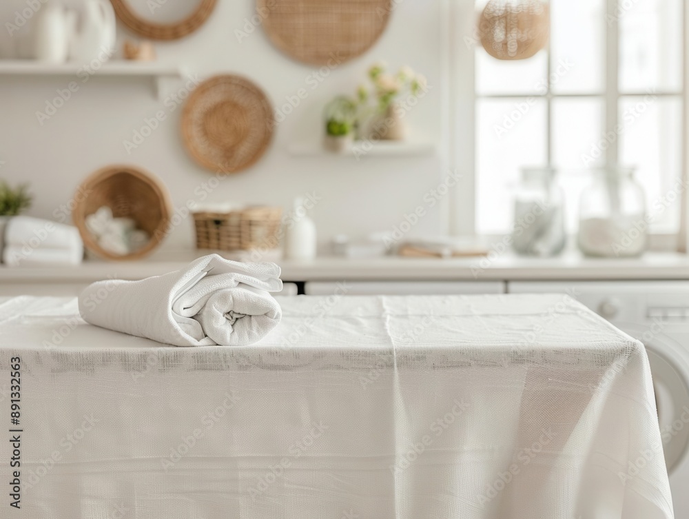 Closeup of a white table with a pristine tablecloth in a laundry room, blurred background, soft natural light, interior mockup with clear copy space, tidy and simple Closeup of a white table with a pristine tablecloth in a laundry room, blurred background, soft natural light, interior mockup with clear copy space, tidy and simple