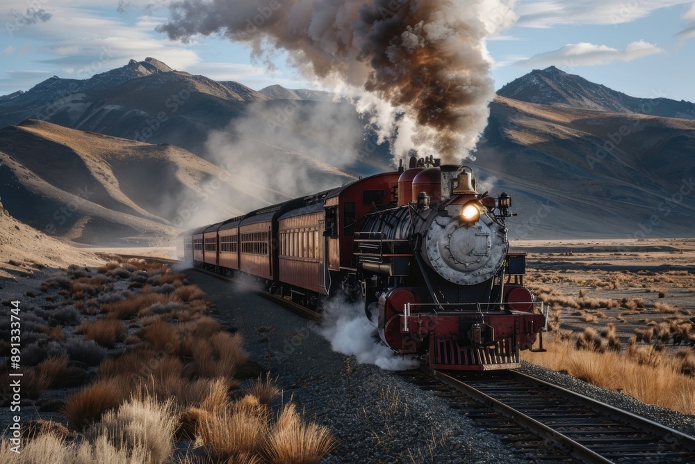 Fototapeta premium A historic steam-powered train travels through a vast, arid desert landscape with mountain range in the background, releasing thick steam into the daytime sky creating a majestic sight.
