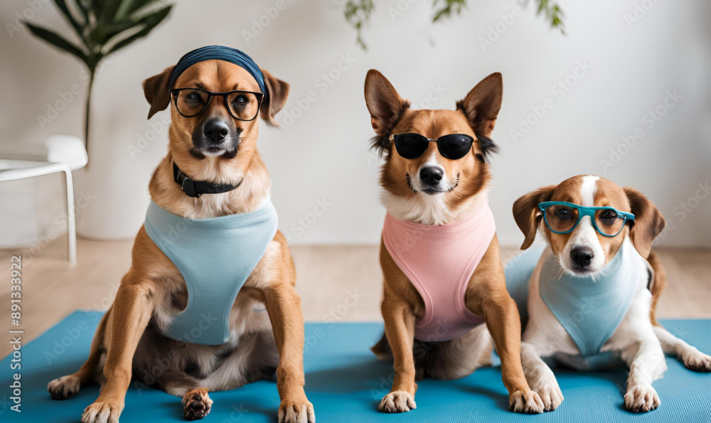 Yoga Instructor Dog: Dogs in yoga poses wearing headbands and glasses, serene studio, wellness magazine, calming and flexible. Yoga Instructor Dog: Dogs in yoga poses wearing headbands and glasses, serene studio, wellness magazine, calming and flexible.