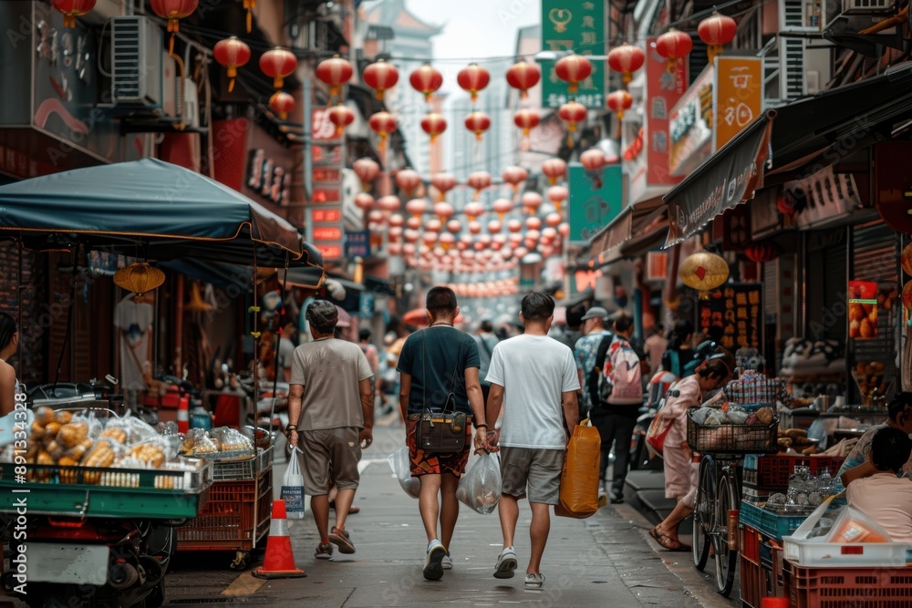 A busy market street filled with people, street vendors, and shops, highlighted by the vibrant red lanterns hanging above, capturing the lively atmosphere. A busy market street filled with people, street vendors, and shops, highlighted by the vibrant red lanterns hanging above, capturing the lively atmosphere.