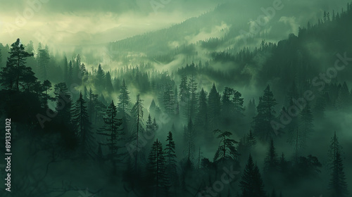 Fir trees tower over a misty valley, their dark green silhouettes against a soft, ethereal backdrop.