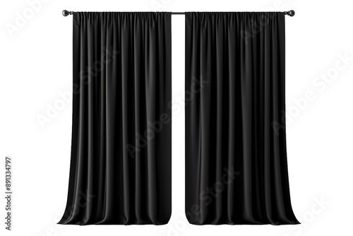 A Pair of Black Velvet Curtains Draped Elegantly Against a White Background on a Clear PNG or White Background. photo