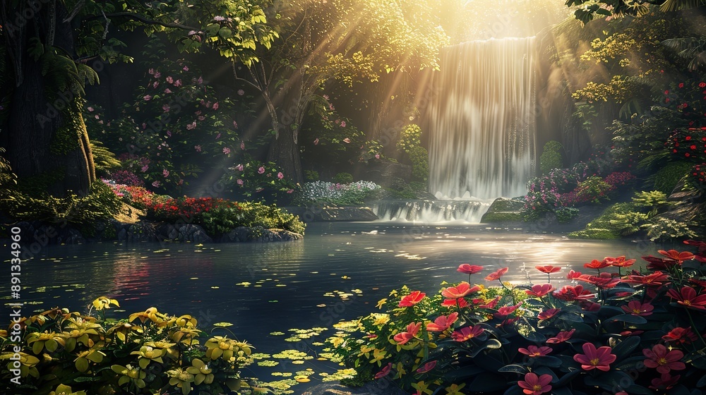 A beautiful waterfall surrounded by a lush green forest A beautiful waterfall surrounded by a lush green forest