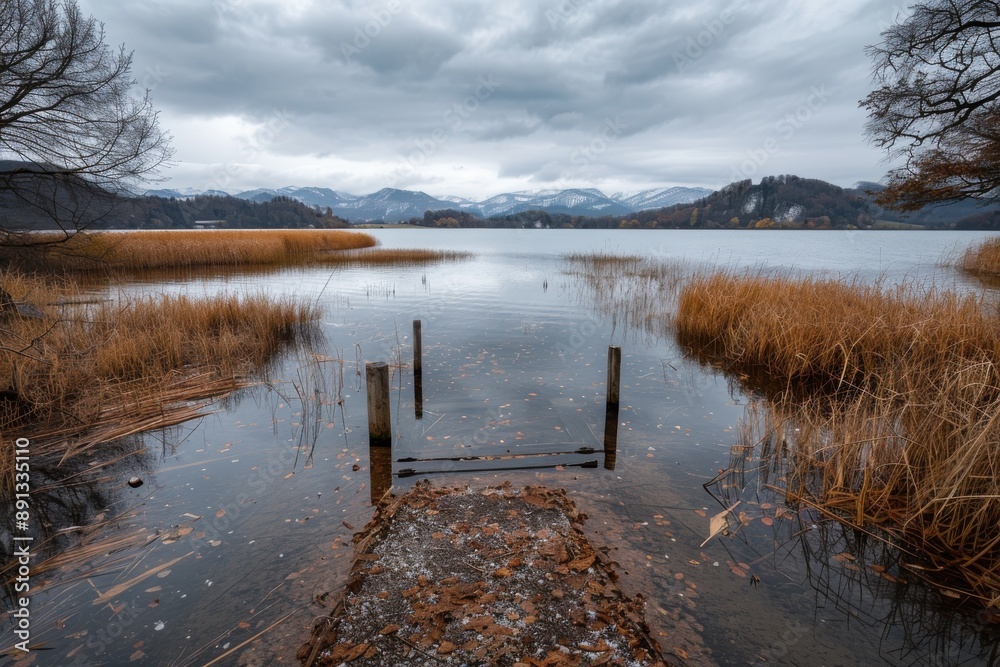 This image captures a dramatic lake view with a wooden pier in the foreground, surrounded by tall grass and reeds, with snowy mountains and a cloudy sky in the background. This image captures a dramatic lake view with a wooden pier in the foreground, surrounded by tall grass and reeds, with snowy mountains and a cloudy sky in the background.