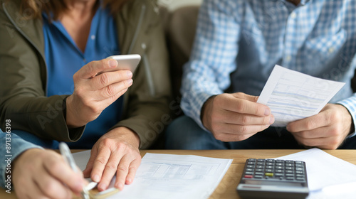 elderly couple senior working on documents at home with a calculator, close up retired paperwork tax 