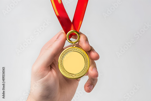 Closeup Man's hand holding a gold medal 