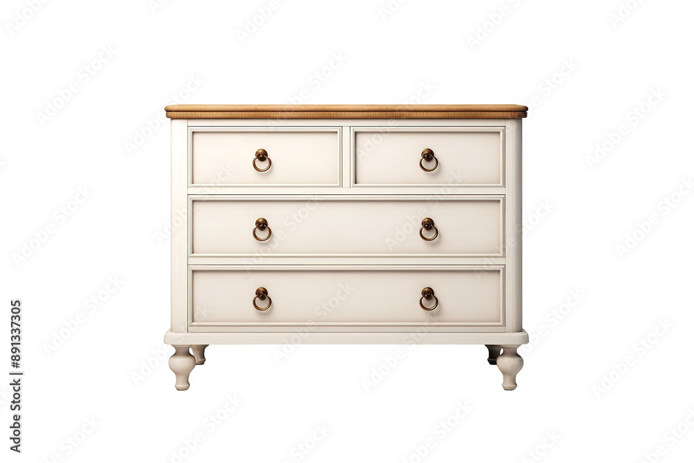 A White Wooden Chest of Drawers With Ornate Brass Handles on a Clear PNG or White Background. A White Wooden Chest of Drawers With Ornate Brass Handles on a Clear PNG or White Background.