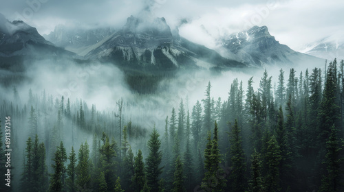 Mist-shrouded peaks and a lush forest paint a breathtaking landscape in Banff National Park, Canada. © Mustafa