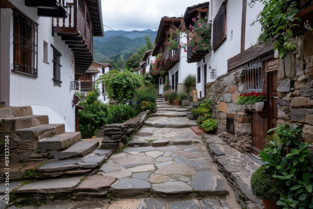 A view of a charming street in a mountainous village, featuring whitewashed houses with wooden balconies adorned with flowers and plants, built along a stone pathway. A view of a charming street in a mountainous village, featuring whitewashed houses with wooden balconies adorned with flowers and plants, built along a stone pathway.