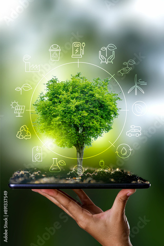 Sustainable business with the planet through renewable energy and green CO2 emissions, whereby using renewable energy can limit climate change and global warming.
