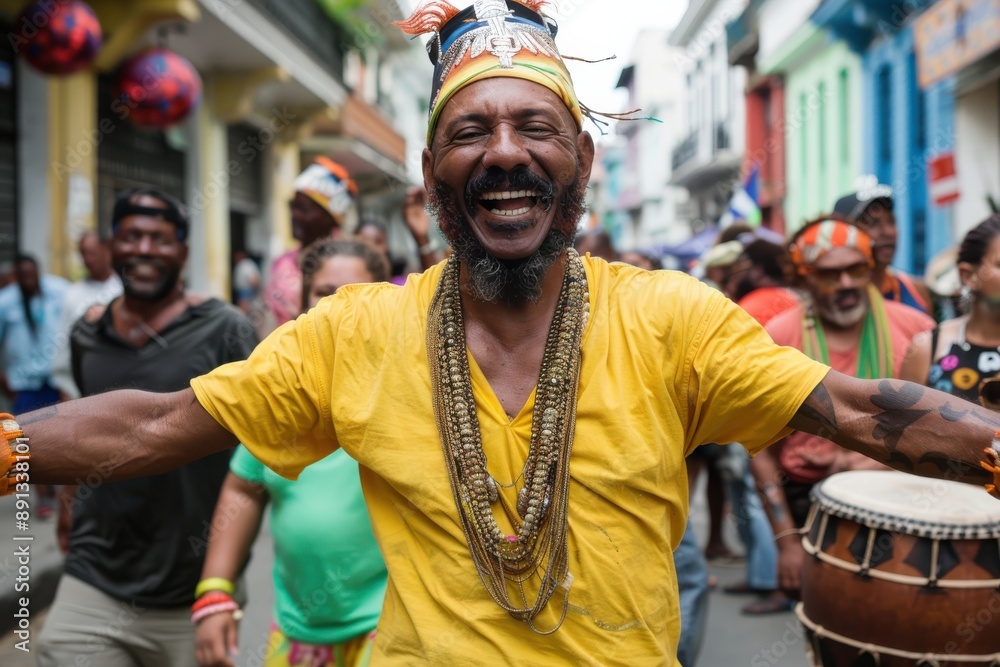 A parade performer clad in a yellow shirt adorned with beads energetically plays the drums, leading a lively procession through bustling streets, capturing attention with rhythmic music. A parade performer clad in a yellow shirt adorned with beads energetically plays the drums, leading a lively procession through bustling streets, capturing attention with rhythmic music.