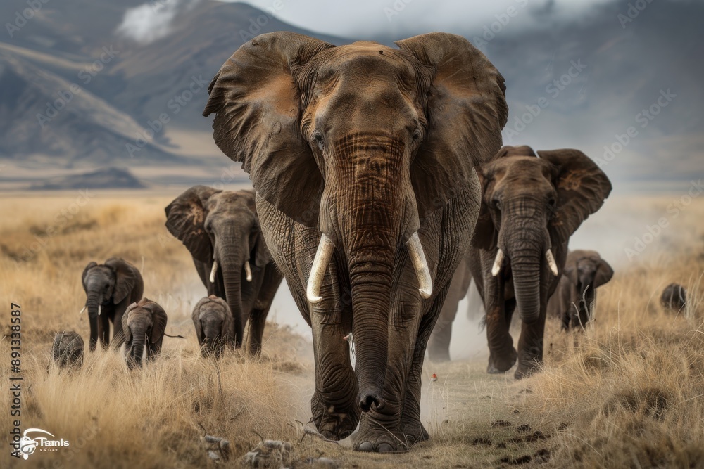 Fototapeta premium A large herd of elephants strides with purpose through dry, grassy plains, led by a dominant bull, symbolizing strength, unity, direction, and the raw beauty of natural landscapes.