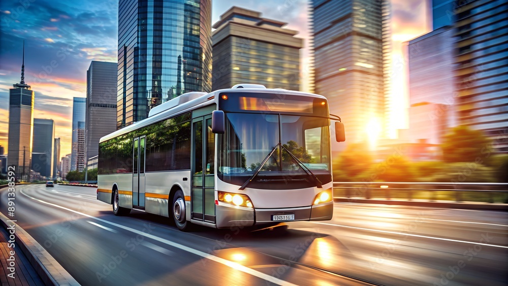 Obraz premium Modern public transportation bus driving through city with sunset