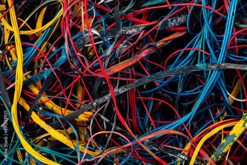 Wallpaper Mural An abstract image featuring a chaotic tangle of colorful wires, creating a vibrant and energetic composition that captures the complexity and disorder of modern technology. Torontodigital.ca