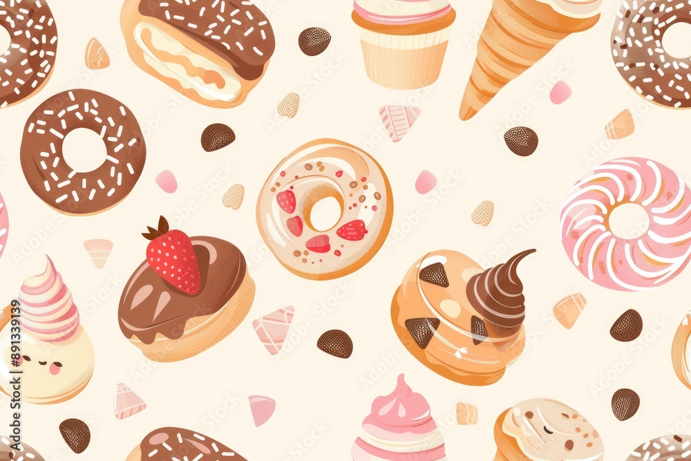 Seamless of vector art of cute bakery on a pastel color background , Generative AI Seamless of vector art of cute bakery on a pastel color background , Generative AI