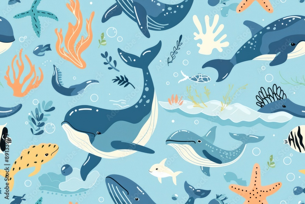 Seamless of vector art sea animals on a blue pastel color background, Generative AI Seamless of vector art sea animals on a blue pastel color background, Generative AI
