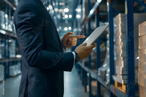 Person in a suit using a digital tablet to monitor inventory levels and logistics operations in warehouse