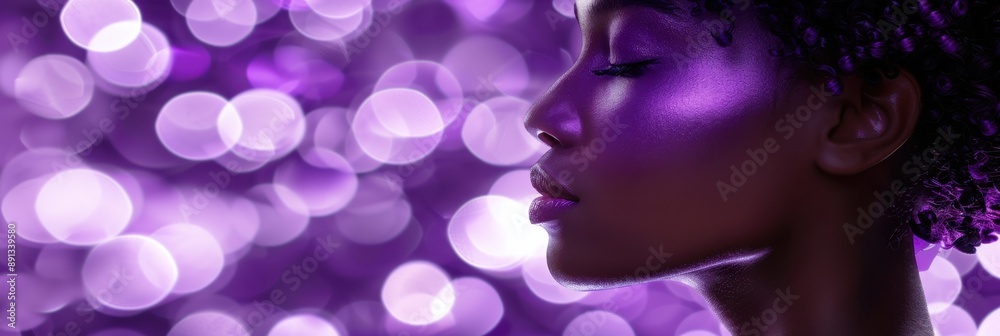 Profile of a serene woman with closed eyes, bathed in soft purple light, against a backdrop of blurred bokeh lights. Profile of a serene woman with closed eyes, bathed in soft purple light, against a backdrop of blurred bokeh lights.