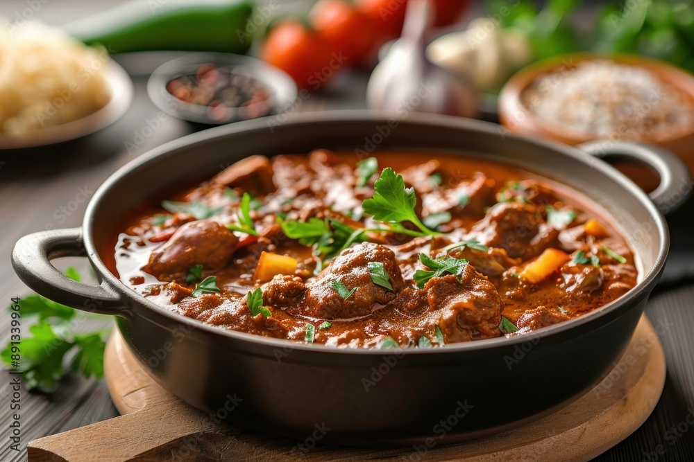 This image portrays a warm and hearty stew in a pot, garnished with fresh parsley, demonstrating a culinary delight that brings comfort and rich flavors to the dining table. This image portrays a warm and hearty stew in a pot, garnished with fresh parsley, demonstrating a culinary delight that brings comfort and rich flavors to the dining table.
