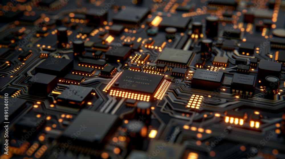 Circuit board with chips on a black background