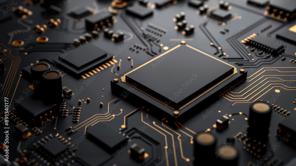 Fototapeta premium Circuit board with chips on a black background