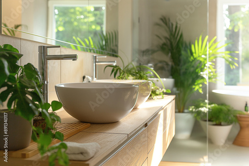 Modern and minimalist bright bathroom with a lot of green plants photo