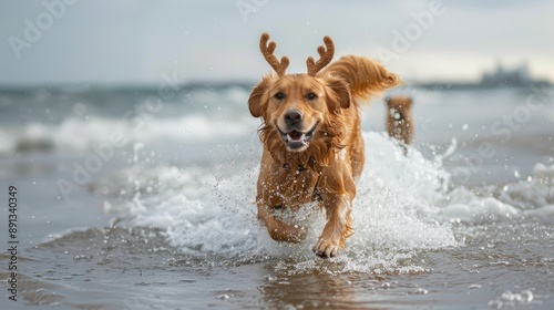 Golden retriever wearing reindeer antlers running joyfully through the waves on a beach, showcasing a playful and festive spirit in a coastal setting photo