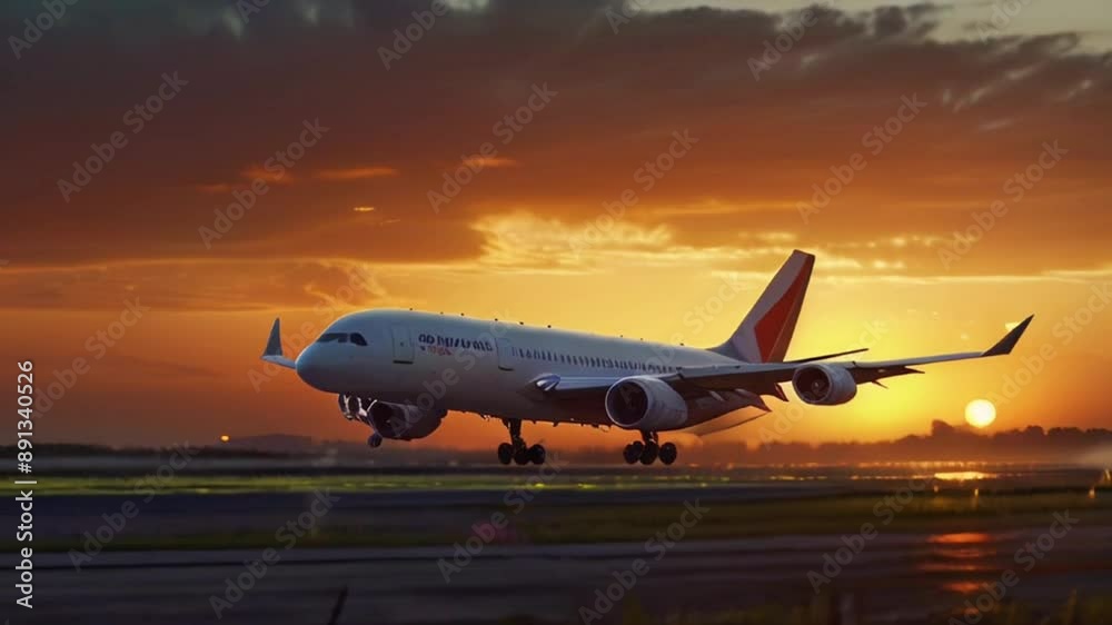 Airplane landing with sunset, in cinematic smooth looping video style. Airplane landing with sunset, in cinematic smooth looping video style.