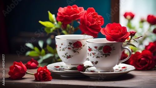 Two tea cup on the table and red flowers on the cup