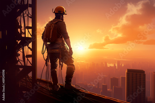 engineer climbing on building background