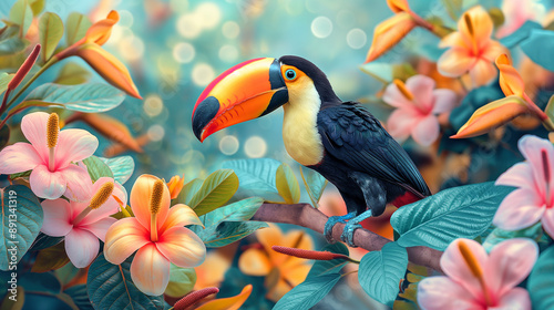  Painting colorful tropical  flowers with Knobbed ,Hornbills ,parrot sitting on a branch in the forest,tropical flowers, orchids, anthuriums and green leave. photo