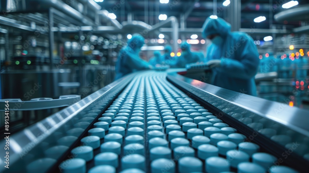 custom made wallpaper toronto digitalPharmaceutical production line with pills moving on a conveyor belt in a modern, sterile factory. Workers in blue uniforms and protective gear are seen in the background