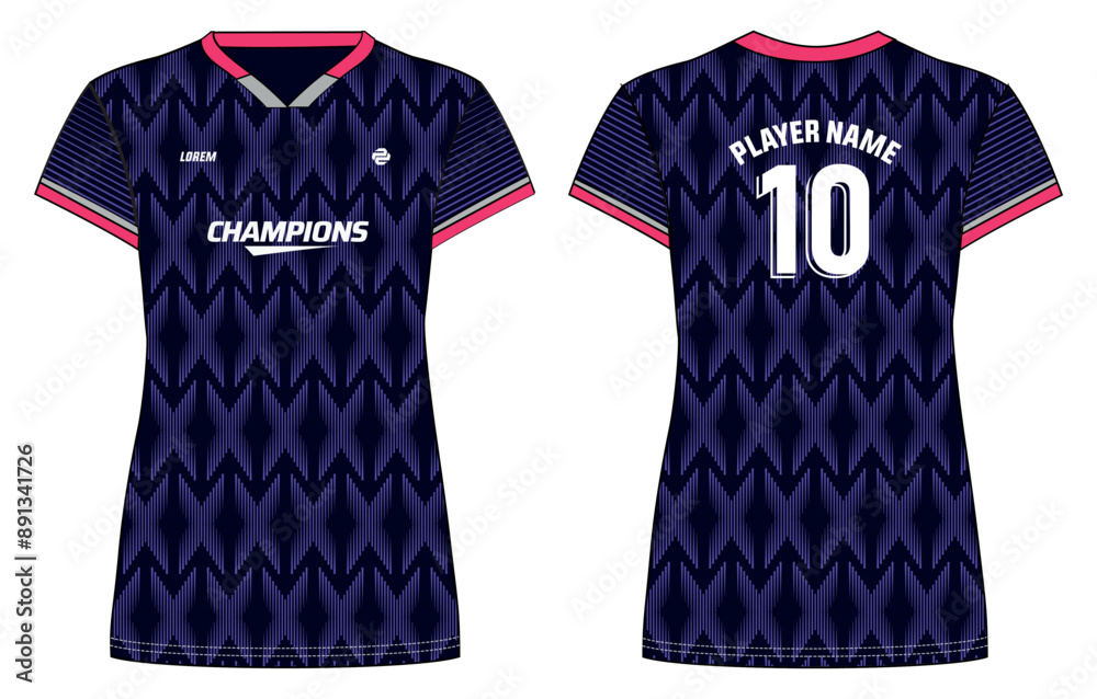 Women Sports Jersey t-shirt flat sketch design illustration with abstract pattern suitable for girls and Ladies for Volleyball jersey, Football, Soccer and netball, Sport uniform kit for sports