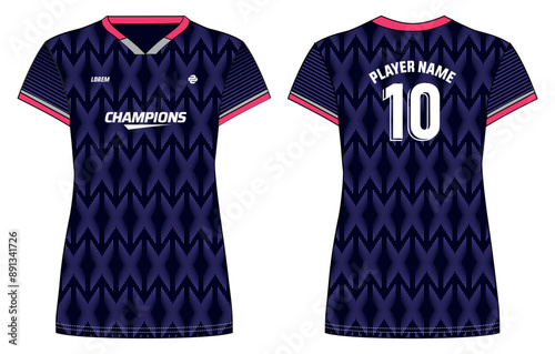 Women Sports Jersey t-shirt flat sketch design illustration with abstract pattern suitable for girls and Ladies for Volleyball jersey, Football, Soccer and netball, Sport uniform kit for sports