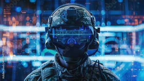 A man in a military uniform is wearing a virtual reality headset