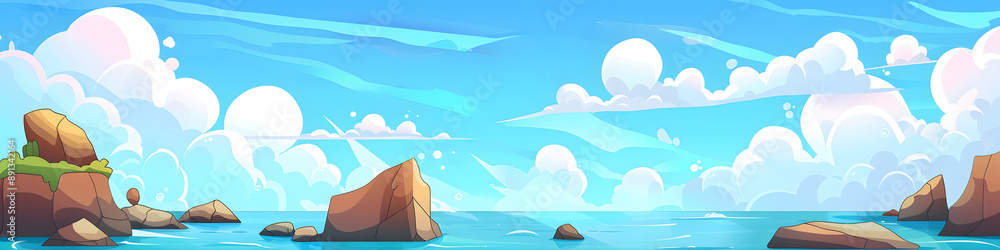 Sea landscape with blue sea water and clouds in blue sky cartoon illustration Sea landscape with blue sea water and clouds in blue sky cartoon illustration