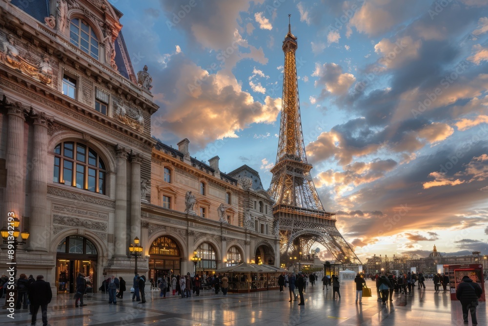 Fototapeta premium The Eiffel Tower standing tall amidst elegant historic buildings at dusk in Paris, capturing the city's romantic ambiance and iconic architecture bathed in golden light.