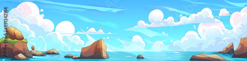 Sea landscape with blue sea water and clouds in blue sky cartoon illustration