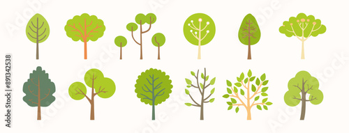 Tree and leaf collection hand drawn flat design element. botanical set of bare trees and ones with leaves and lush limited pastel color
