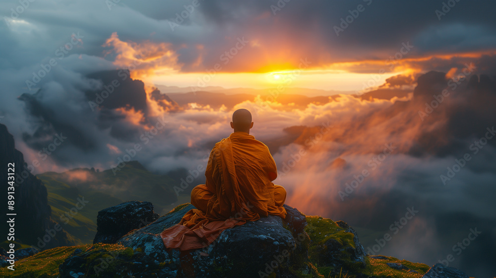Obraz premium Lonely Buddhist monk sitting high on a mountain and meditating at dark sunrise with beautiful nature landscape