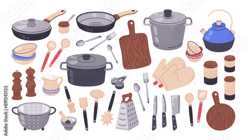 Kitchen utensils. Kitchen baking and cooking tools, cutting board, teapot, pans, cutlery, household kitchenware flat vector illustration set. Hand drawn kitchen equipment collection
