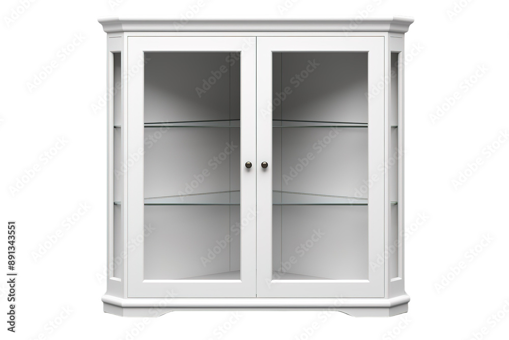 A White Corner Cabinet With Glass Doors and Shelves on a Clear PNG or White Background. A White Corner Cabinet With Glass Doors and Shelves on a Clear PNG or White Background.