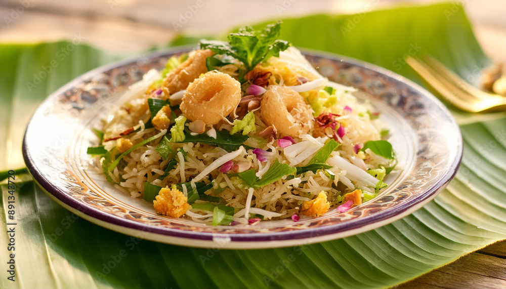 A vibrant image of Nasi Ulam, a traditional herb rice salad with a variety of fresh herbs, spices, and vegetables. A vibrant image of Nasi Ulam, a traditional herb rice salad with a variety of fresh herbs, spices, and vegetables.