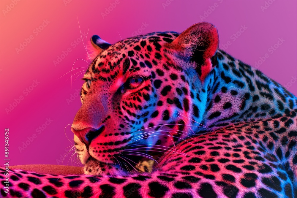 Obraz premium Close-up of a Leopard with Colorful Neon Lights Background. Beautiful simple AI generated image in 4K, unique.